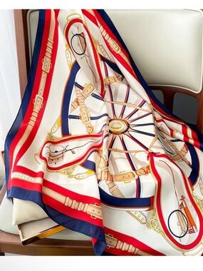 Silk-Feel Printed Scarf for Women – Navy, Red, White